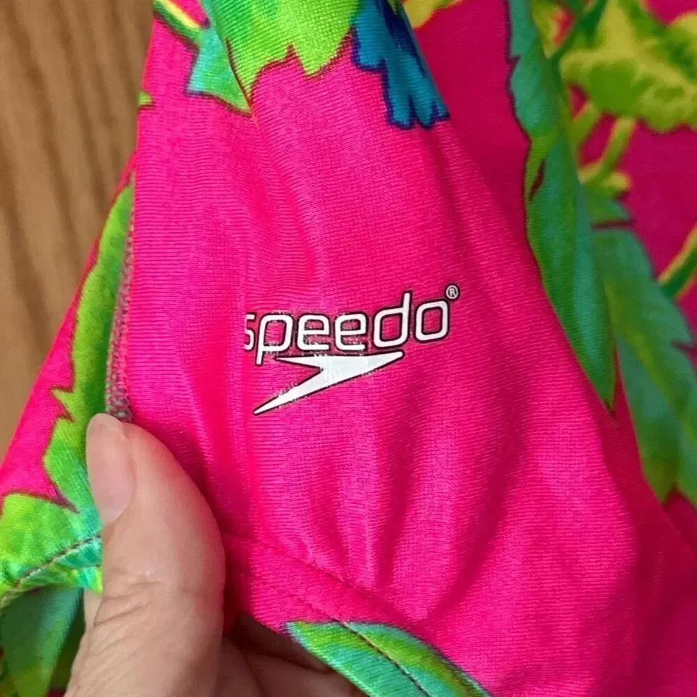 SPEEDO Vintage 80s 90s Neon Pink Tropical Parrot Print Cutout Back Swimsuit *NWO